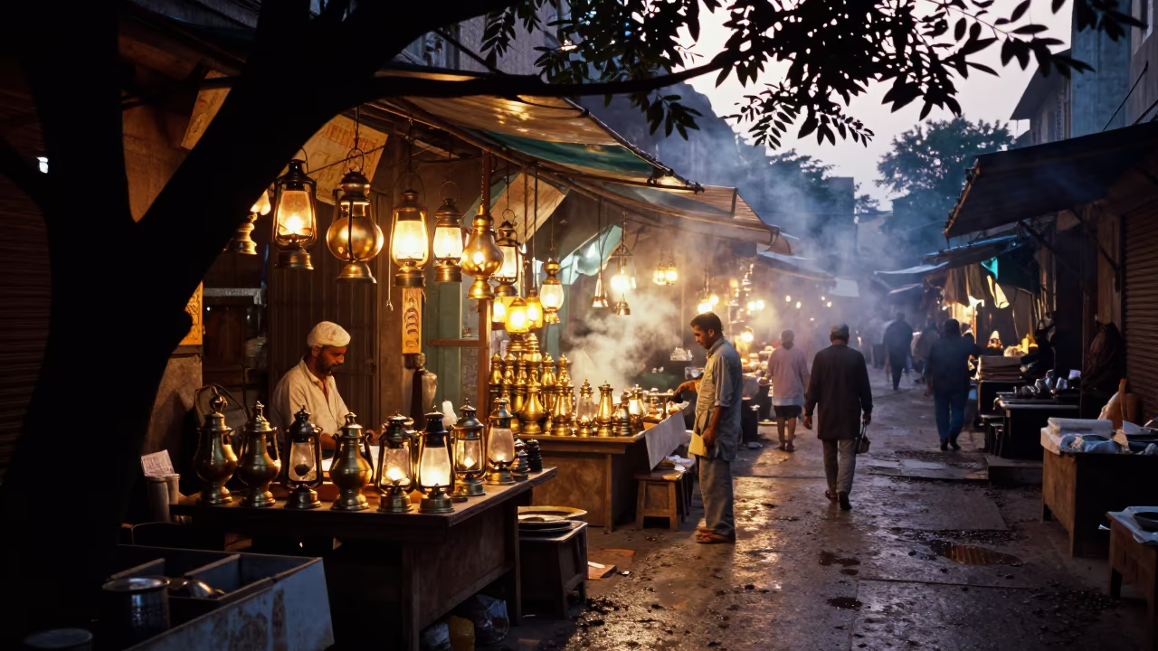 Lantern Sellers Amidst Dusk Smoke in Aurangabad in in a flea market lane in Aurangabad