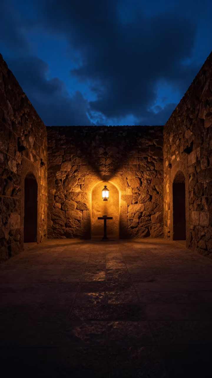 Lantern in Stone Cellar Blue Hour in in a ceremonial hall near Barinas