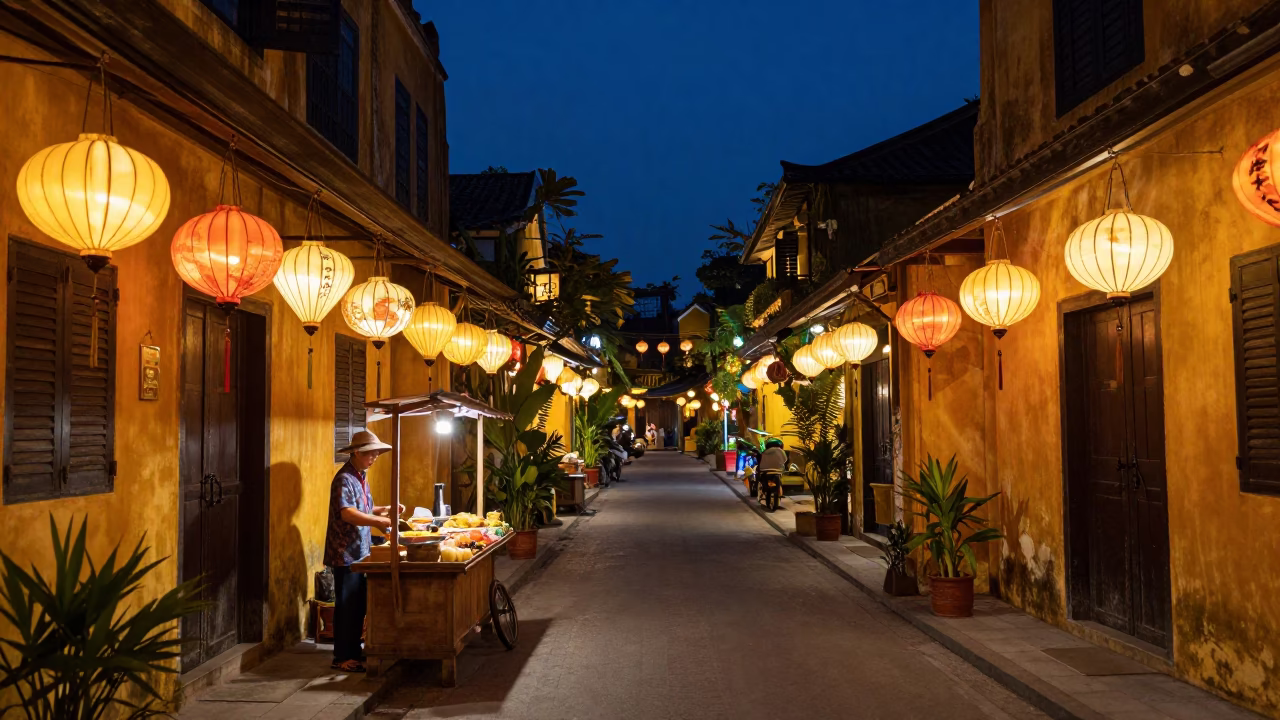 Lantern Street in Hoi An at Midnight Light in in Hoi An, Vietnam