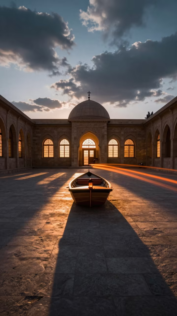 Lantern Trail Rowboat Prayer Hall Evening in in a prayer hall near Touggourt