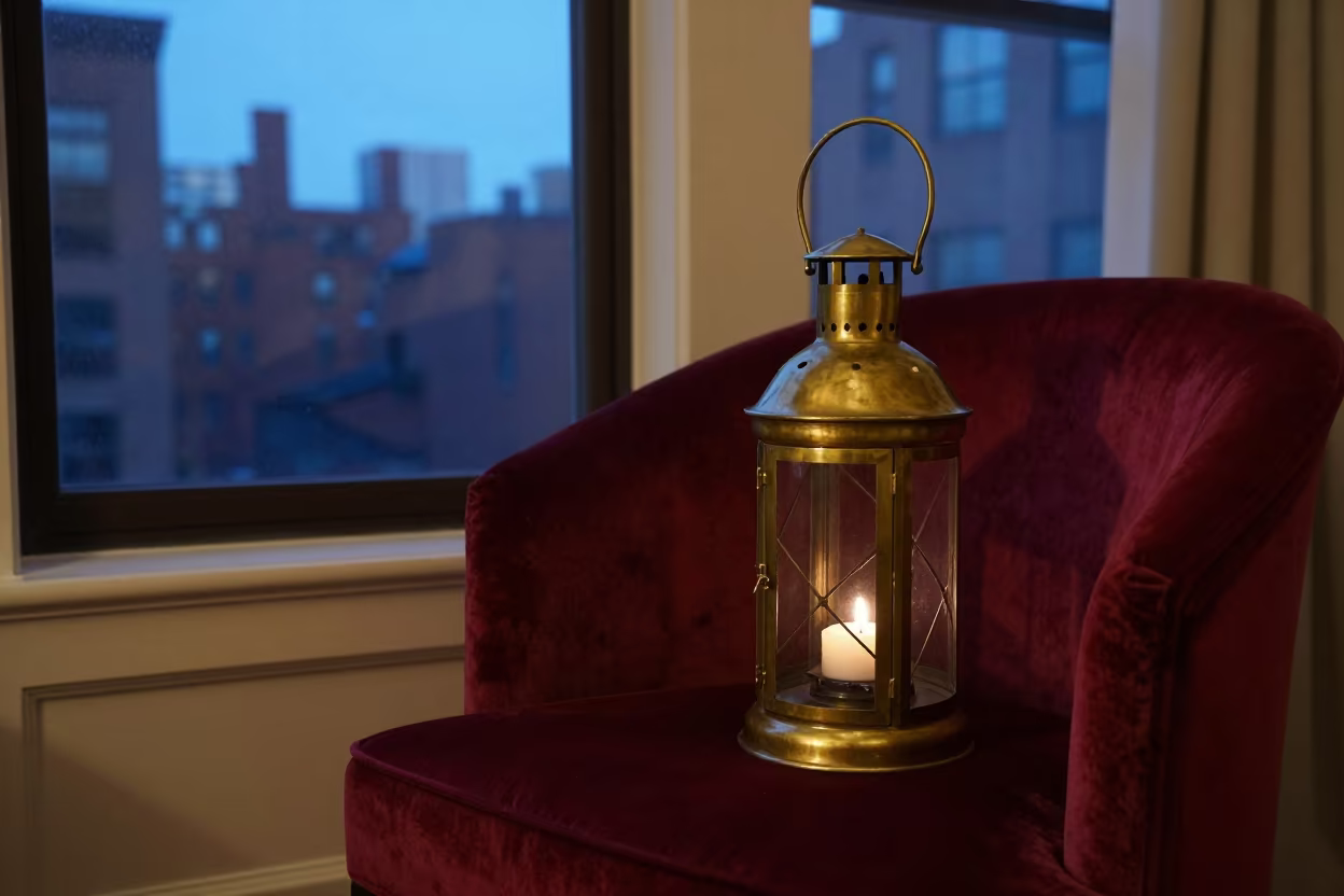 Lantern on Velvet Chair Chelsea Twilight Room in on a velvet chair in Chelsea, New York