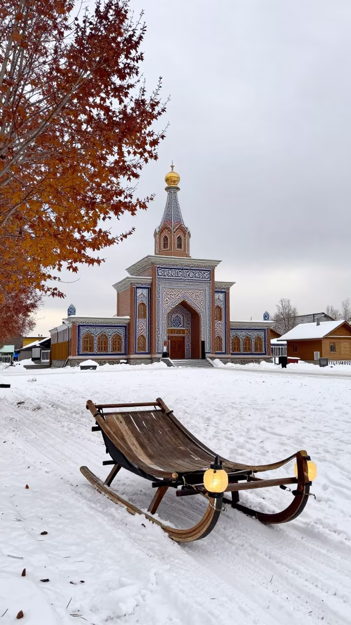 Lanterned Sleigh in Autumn Margilan Shrine in in a shrine lined with lanterns in Margilan