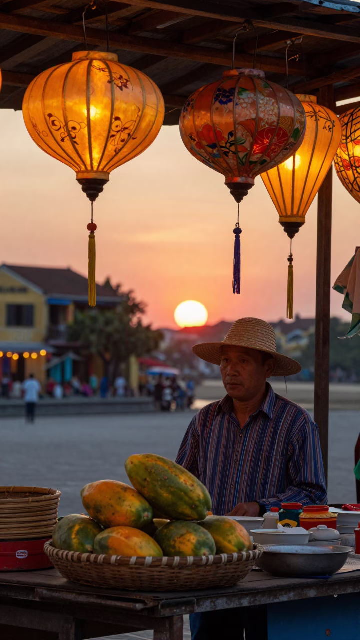 Lanterns in Hoi An at As The Sun Drops Toward The Horizon in in Hoi An, Vietnam
