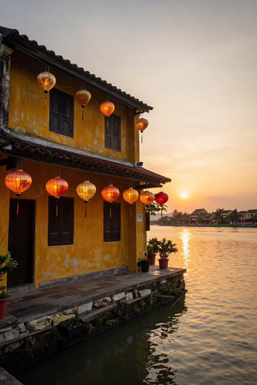 Lanterns Reflecting in Hoi An at Golden Hour in in Hoi An, Vietnam