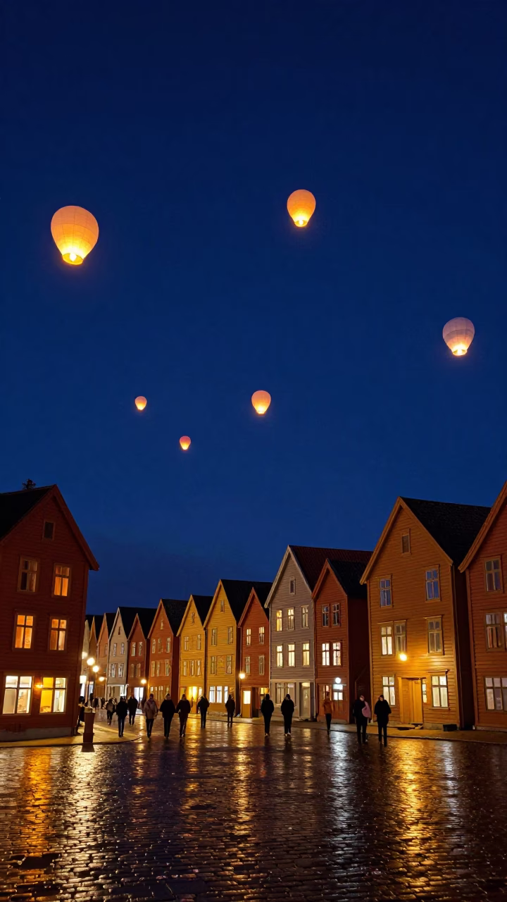 Lanterns Rising in Bergen at Midnight Light in in Bergen, Norway