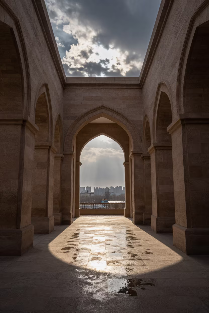 Lanzhou Atrium Stone Arches Reflected Light in inside a vaulted atrium near Lanzhou