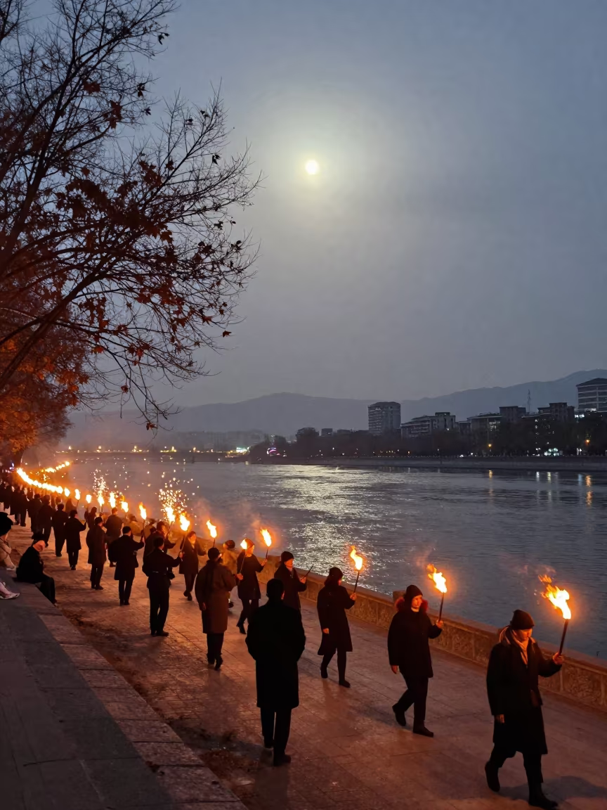 Lanzhou Night Fire Parade Autumn Moonlight in at a waterfront celebration in Lanzhou