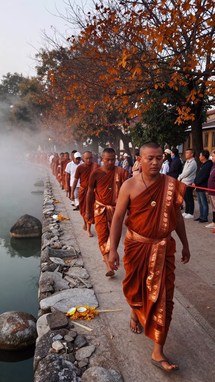Lao Festival Procession at Sicilian Pool in at the edge of a sacred pool in Sicily