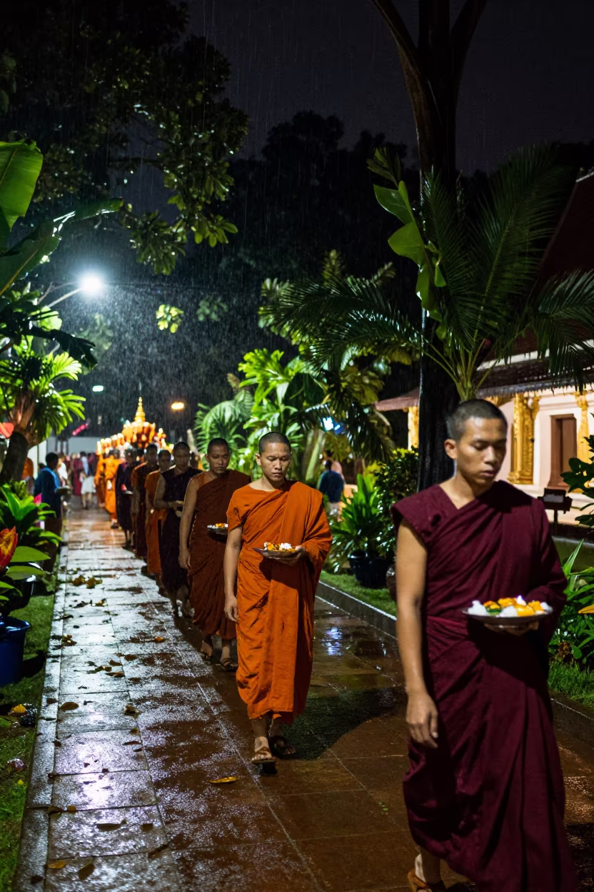 Lao That Luang Alms Procession Night Garden in in a cloister garden near Sullana