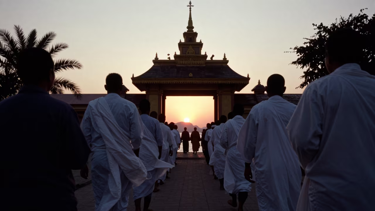 Lao That Luang Dawn Procession Silhouette in at a shrine entrance in the Nile Delta