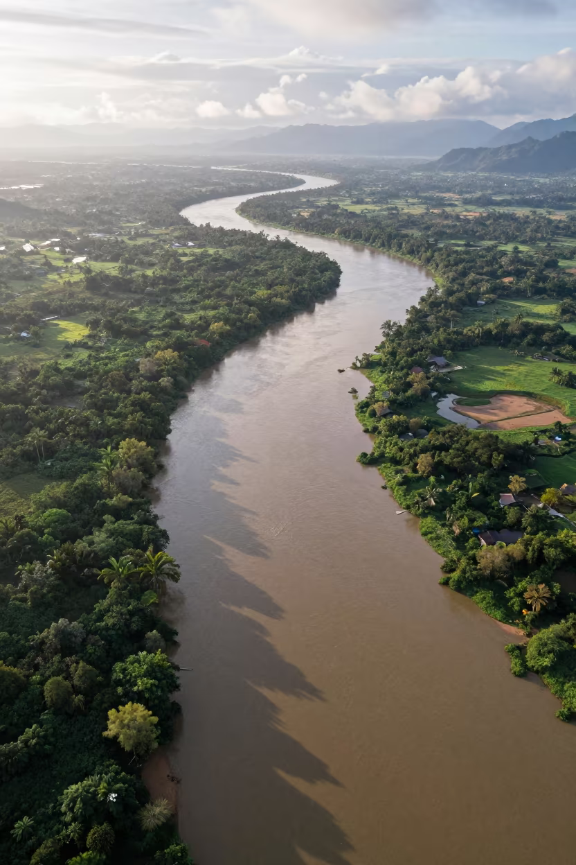 Laos River Delta After Rain Aerial View in far above river meanders in Laos