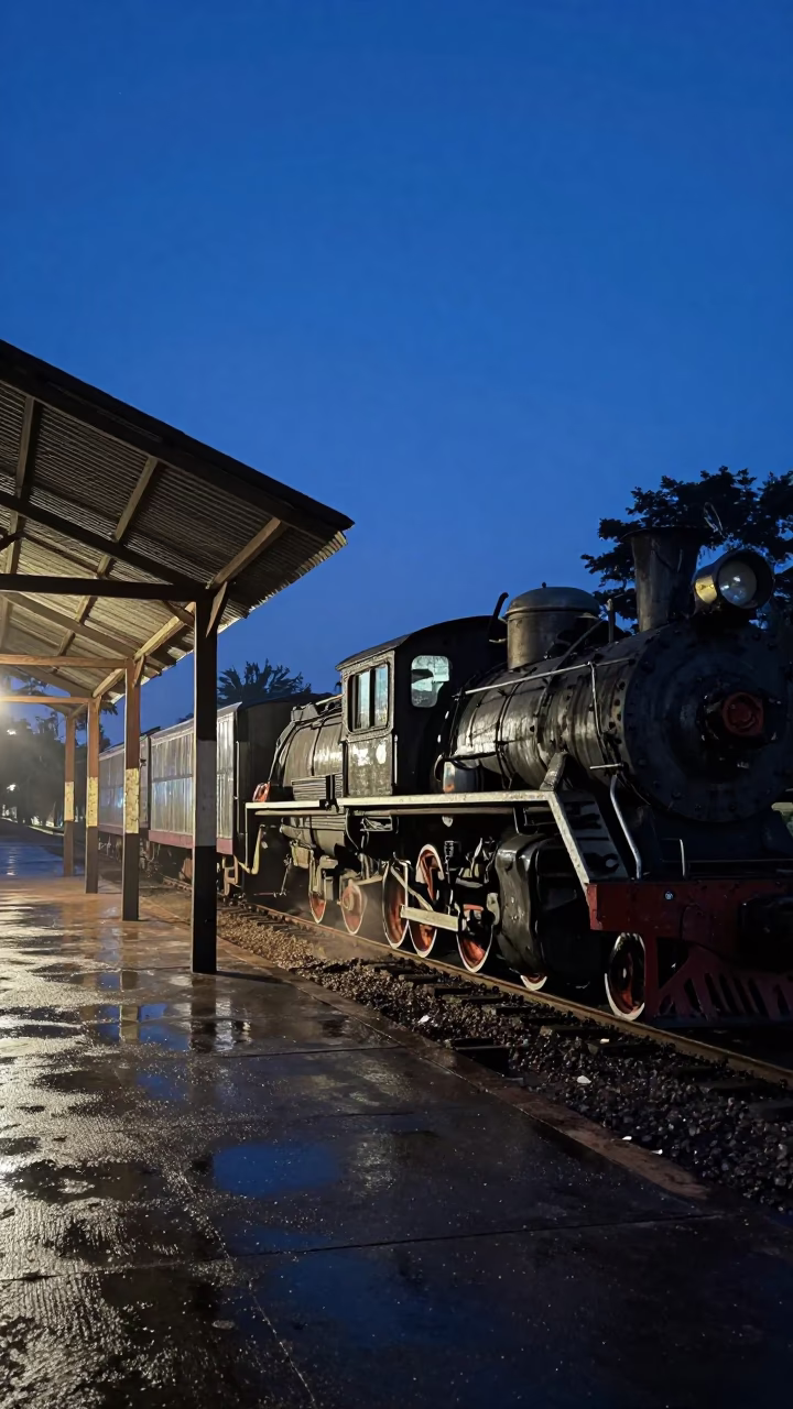 Laotian Steam Locomotive in Evening Shadow in in Laos