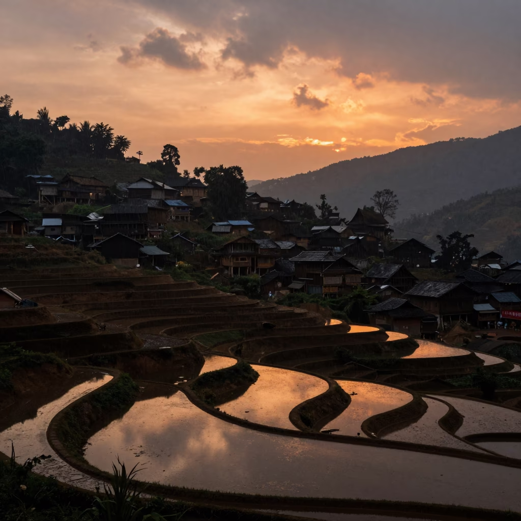 Laotian Village Silhouette Wet Season Sunset in across a wide valley floor in Laos