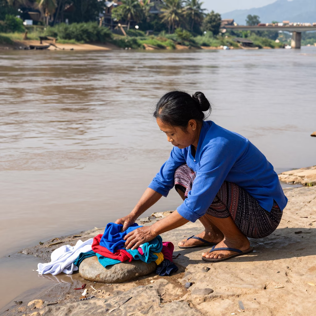 Laotian Woman Washing Clothes in Mekong River Under Noon Sun in Luang Prabang in in Luang Prabang, Laos