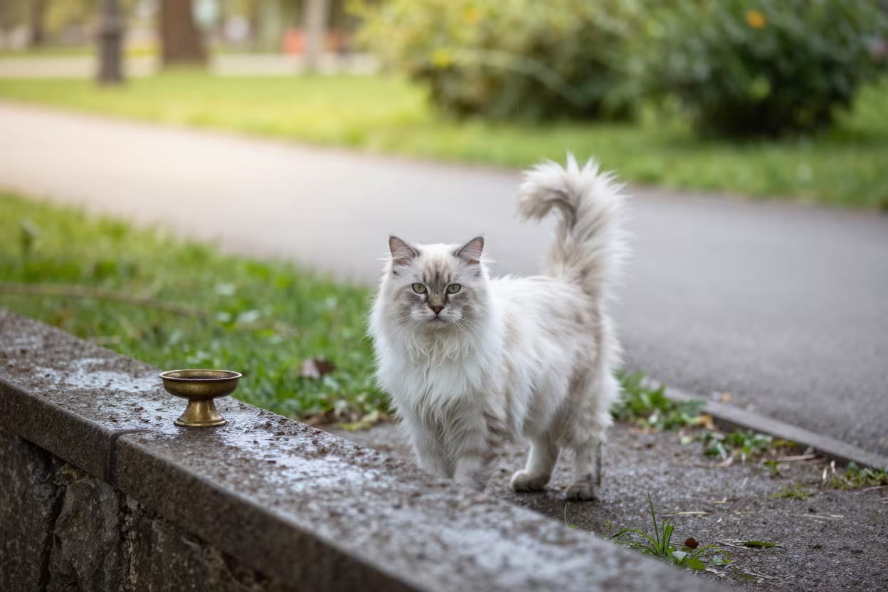 LaPerm Cat Along Quiet Park Path in Opole in along a quiet park path with soft open shade and a clean background near Opole