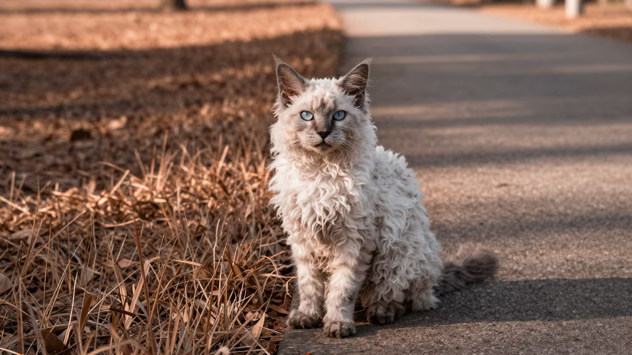 LaPerm Cat Beside Mekelle Park Path in along a quiet park path with soft open shade and a clean background in Mekelle