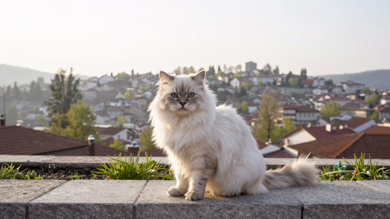 LaPerm Cat by Garden Edge Sarajevo Morning in near a garden edge with soft morning light and an uncluttered background in Sarajevo