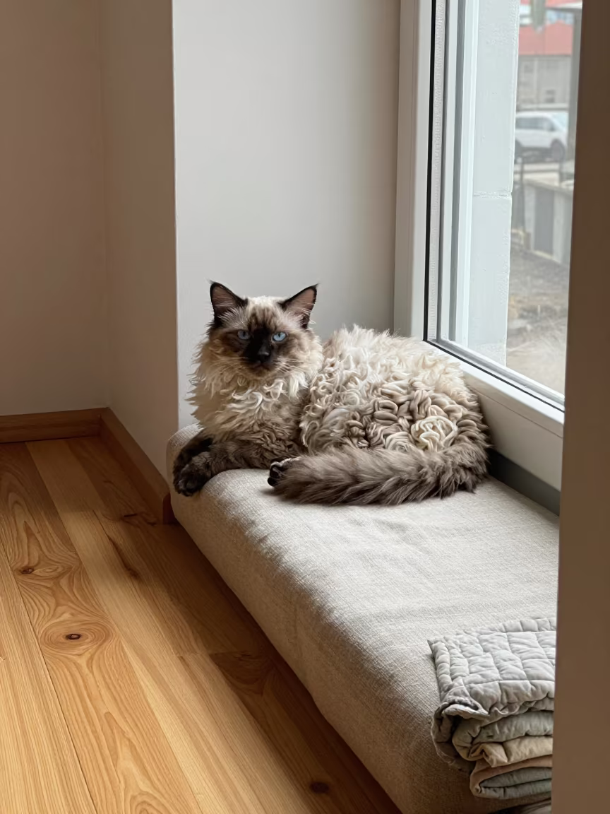 LaPerm Cat Lounging on Linen Sofa in Szczecin in on a linen sofa with daylight from a nearby window in Szczecin