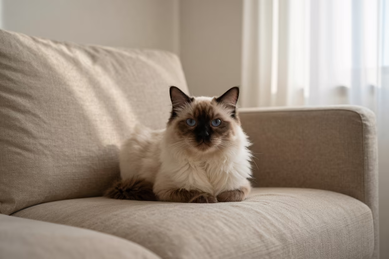 LaPerm Cat Lounging on Linen Sofa in Toulouse in on a linen sofa with daylight from a nearby window in Toulouse