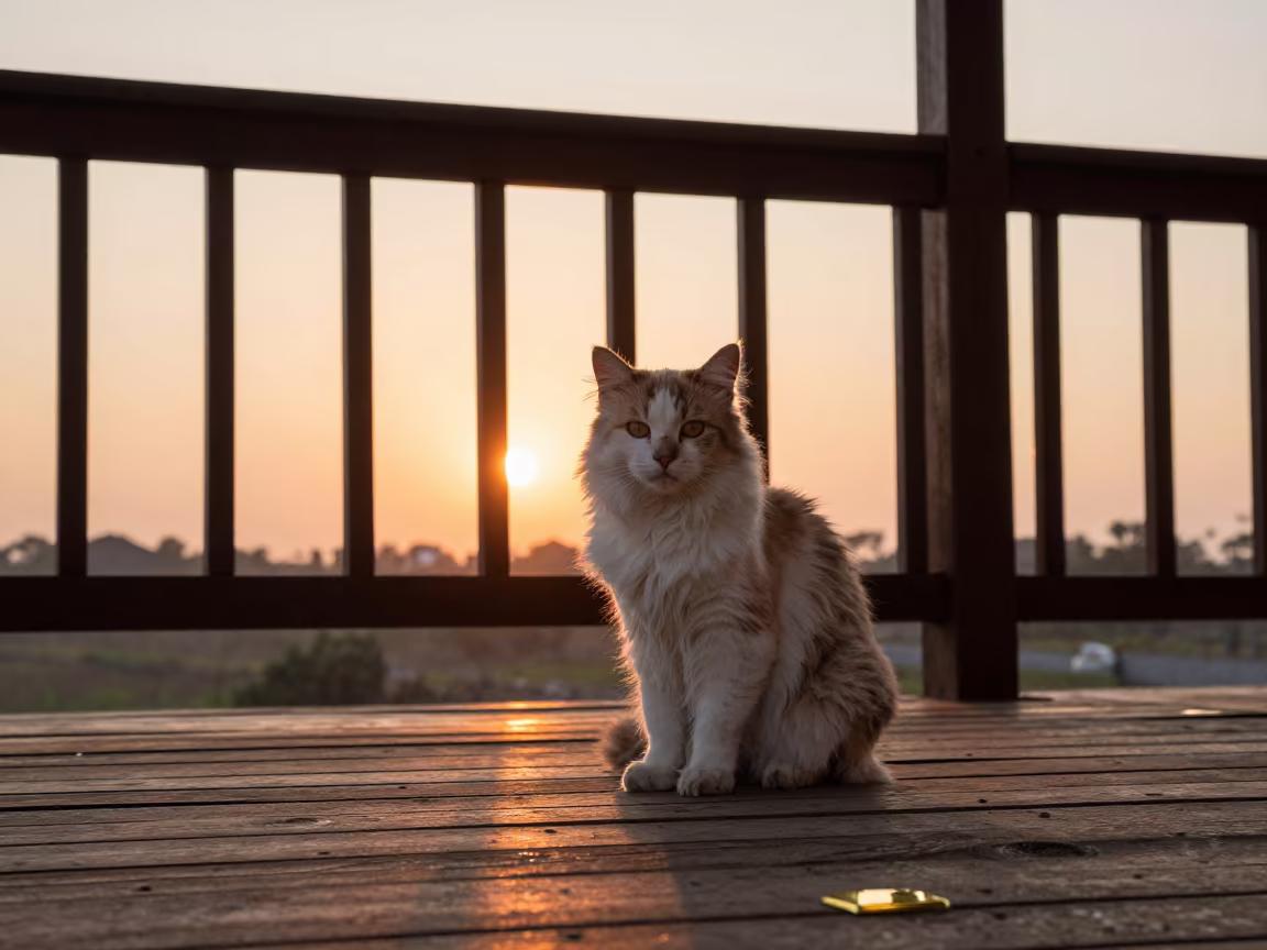 LaPerm Cat on Cúcuta Porch at Sunset in on a shaded front porch with boards, railings, and eye-level framing in Cúcuta