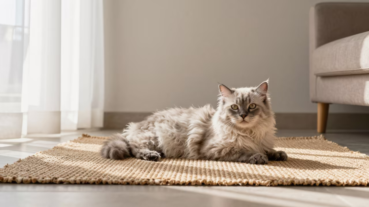 LaPerm Cat on Woven Rug in Ouagadougou Home in on a woven rug beside a low couch and an uncluttered wall in Ouagadougou