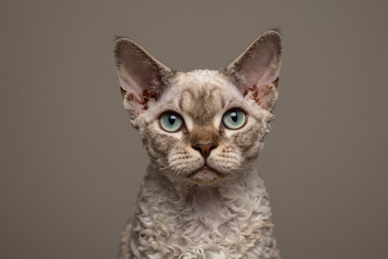 LaPerm Cat Portrait in Kowloon City Studio in in a quiet portrait studio with a plain backdrop and eye-level framing in Kowloon City, Hong Kong