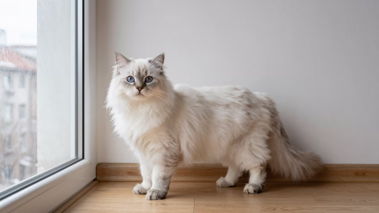 LaPerm Cat Portrait in Moscow Soft Light in beside a plain plaster wall in soft indoor light with the animal centered in frame in Zamoskvorechye, Moscow
