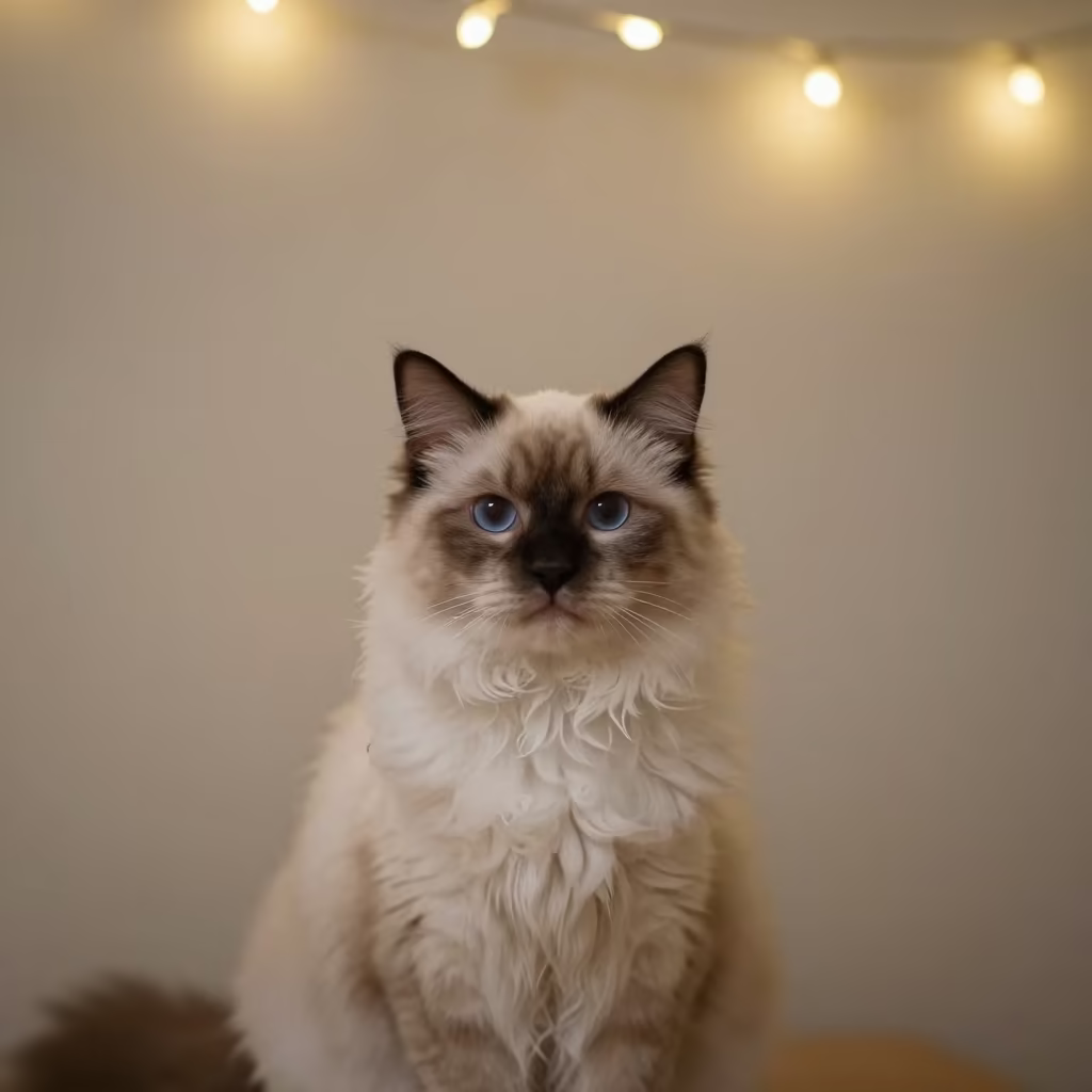 LaPerm Cat Portrait in Soft Indoor Light in beside a plain plaster wall in soft indoor light with the animal centered in frame in Vinh