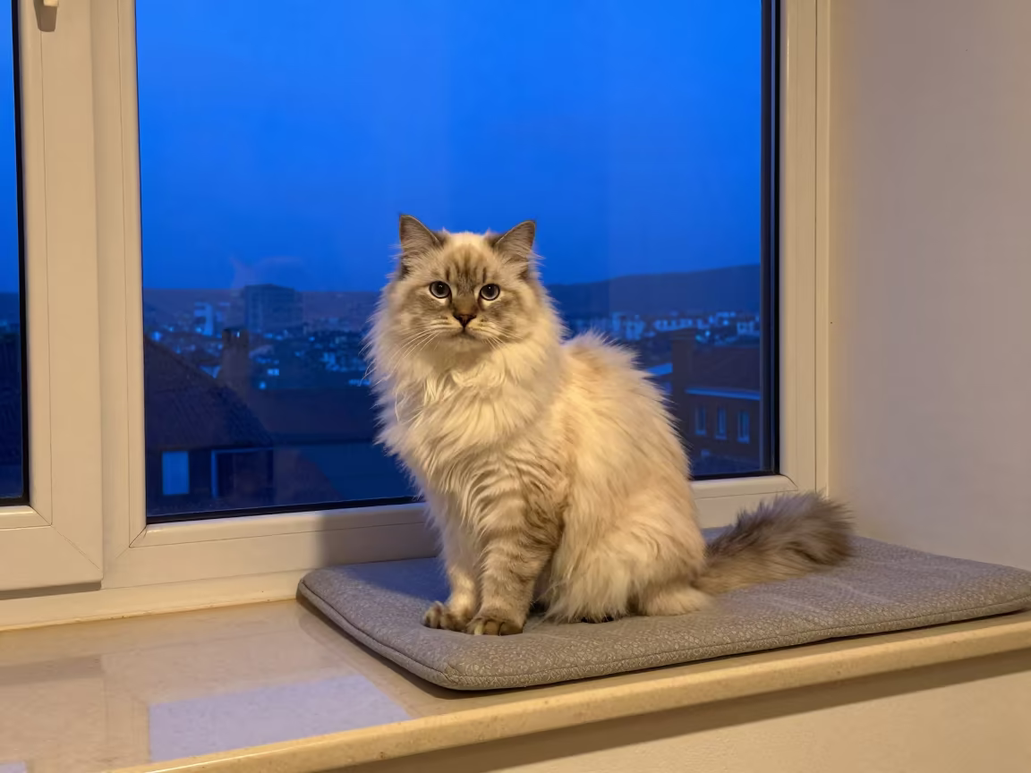 LaPerm Cat Portrait on Cusco Window Seat in on a cushioned window seat with soft side light and an uncluttered background in Cusco