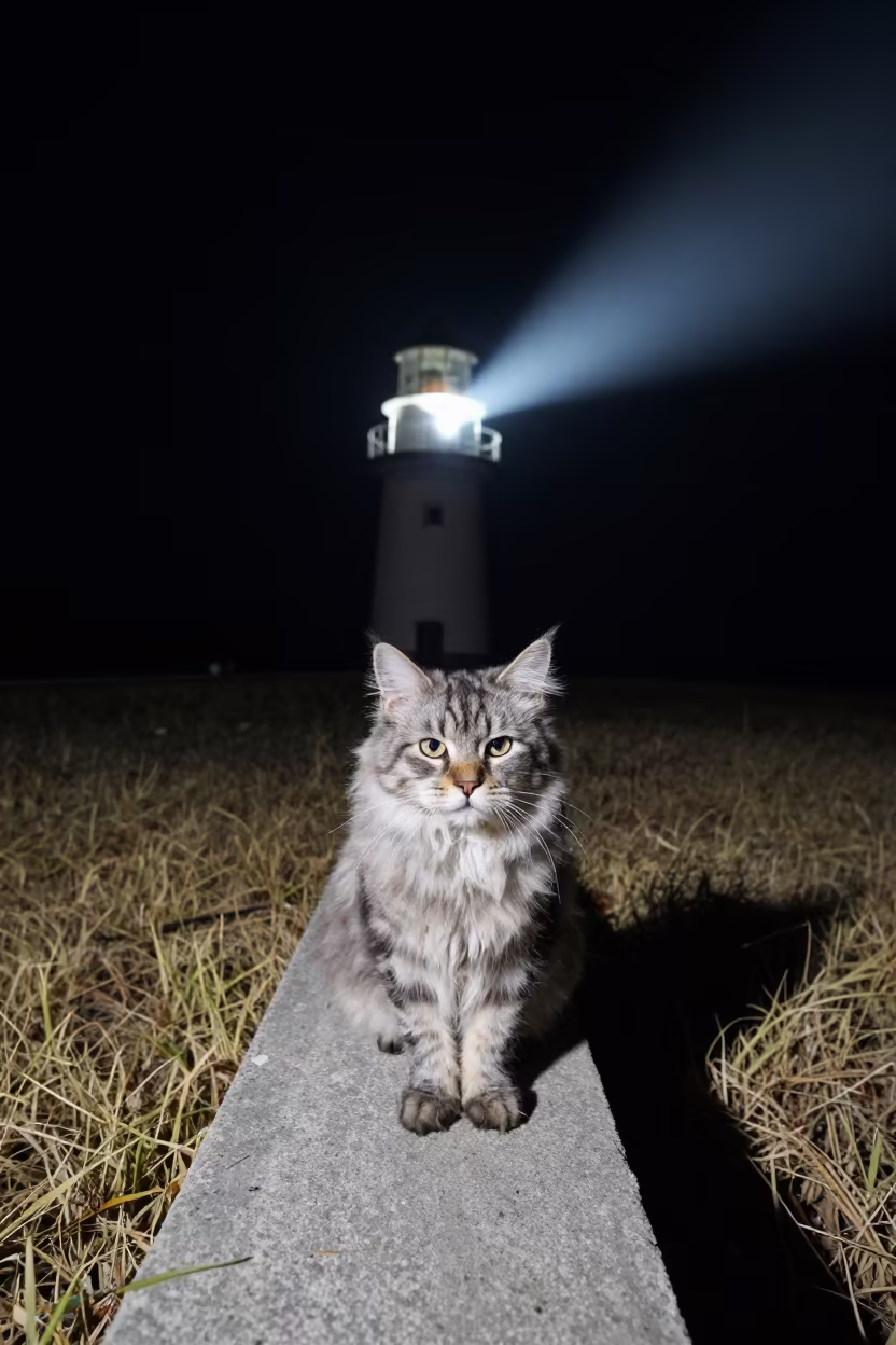 LaPerm Shorthair Cat in Thane Courtyard in in a small yard with clipped grass, calm light, and the animal centered in frame in Thane
