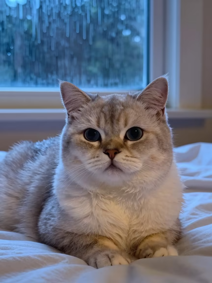 LaPerm Shorthair Cat Lounging Near Window in on a bedspread near a bright window with calm indoor light in Carlos Manuel de Céspedes