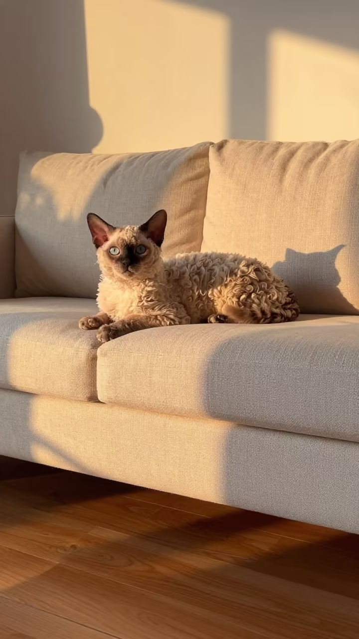 LaPerm Shorthair Cat Lounging on Linen Sofa in on a linen sofa with daylight from a nearby window in Hsinchu