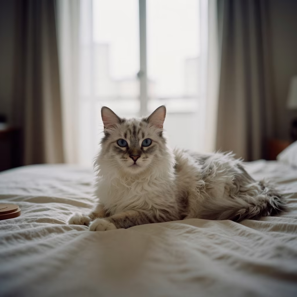 LaPerm Shorthair Cat on Bedspread Late Afternoon in on a bedspread near a bright window with calm indoor light near São Paulo