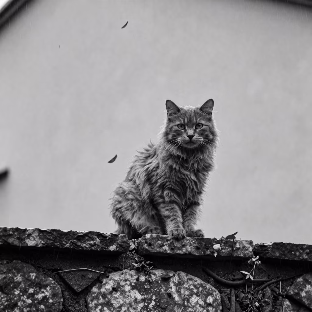 LaPerm Shorthair Cat on Palermo Wall in Autumn Drizzle in beside a plain courtyard wall in clear daylight with the animal at eye level near Palermo
