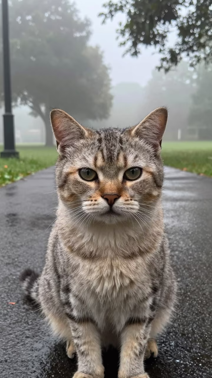 LaPerm Shorthair Cat Portrait in Monsoon Dawn Mist in along a quiet park path with soft open shade and a clean background near Muhanga