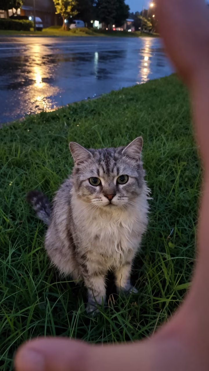 LaPerm Shorthair Cat Portrait Lokoja Twilight in in a small yard with clipped grass, calm light, and the animal centered in frame in Lokoja