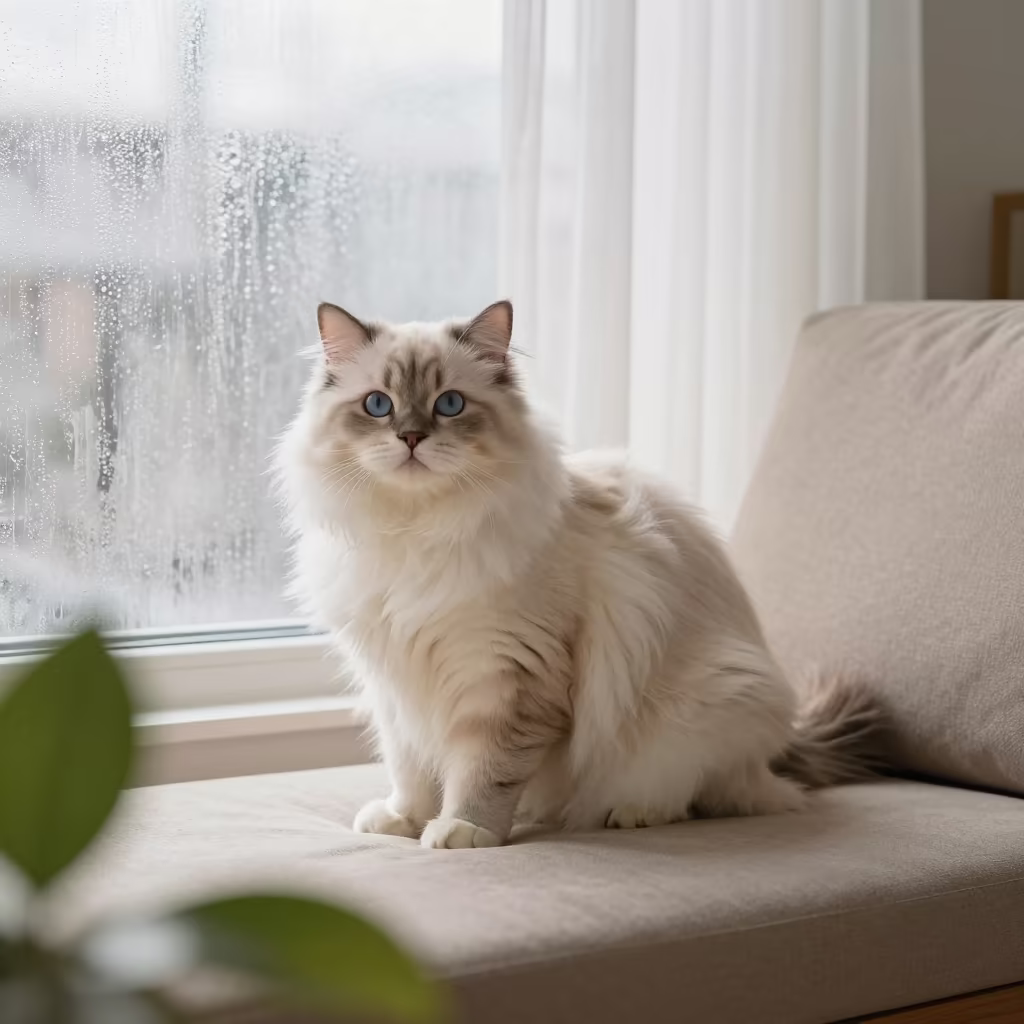 LaPerm Shorthair Cat Portrait on Sofa in on a sofa near a curtained window with calm indoor light near Amman