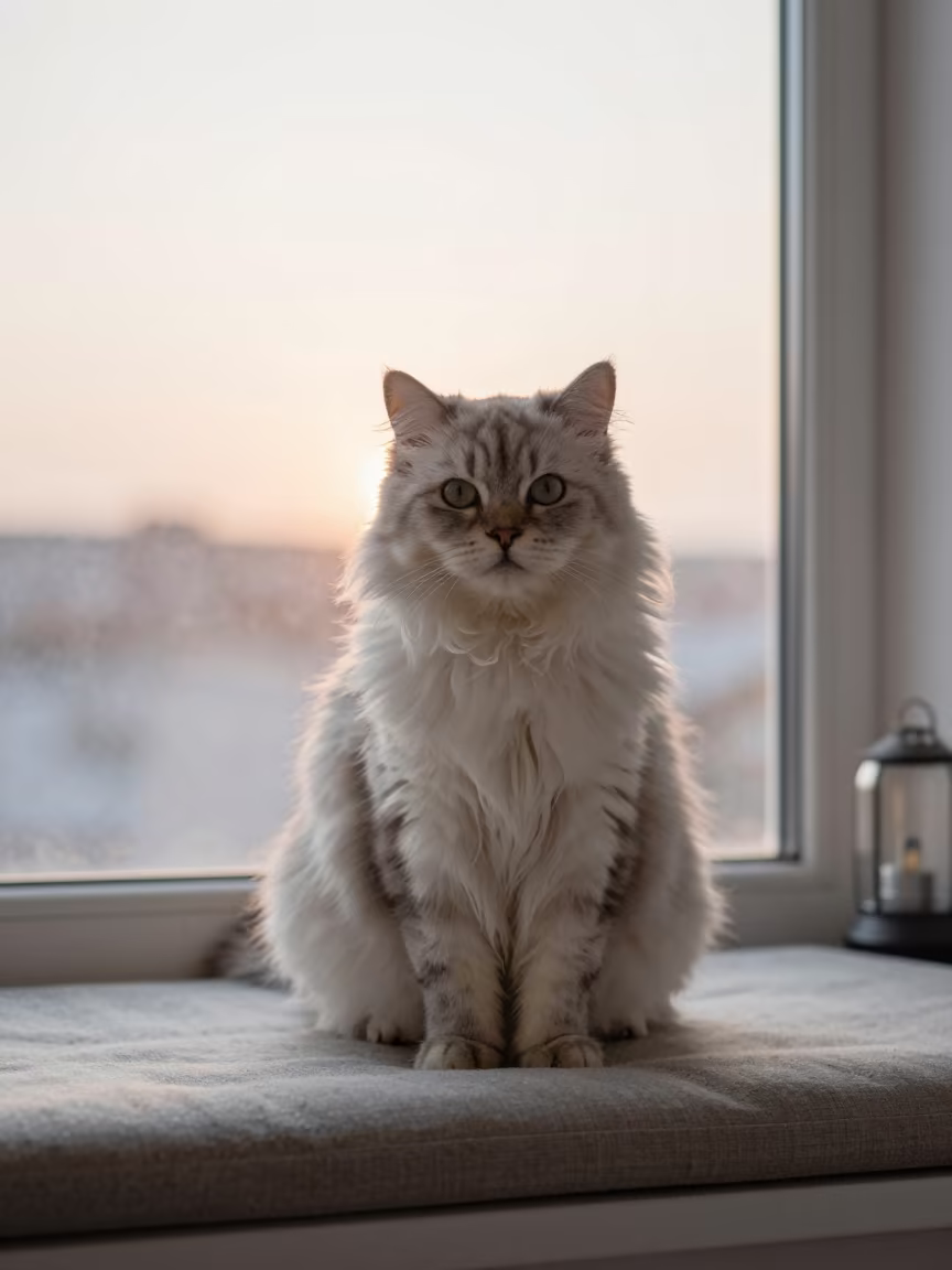 LaPerm Shorthair Cat Portrait Sunset Light in on a cushioned window seat with soft side light and an uncluttered background near Gitega