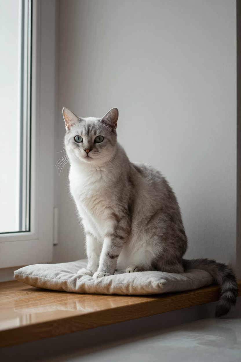 LaPerm Shorthair Portrait on Window Seat in Ordu in on a cushioned window seat with soft side light and an uncluttered background near Ordu