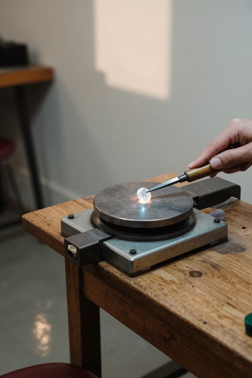 Lapidary Cutting Gemstone in Šiauliai Workshop in inside a goldsmith workshop behind the market lane in Šiauliai