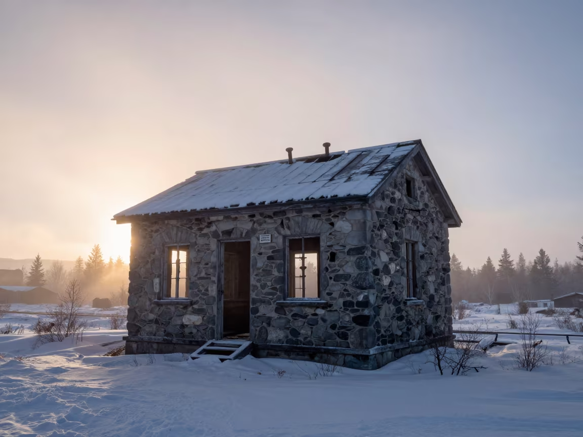 Lapland Signal Box in Midnight Sun Mist in among roofless stone chambers in Lapland