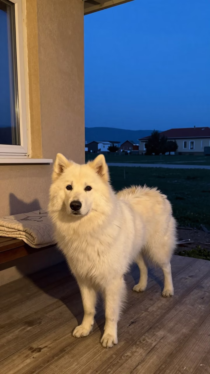 Lapponian Herder on Gaziantep Porch Path in on a shaded front porch with boards, railings, and eye-level framing in Gaziantep