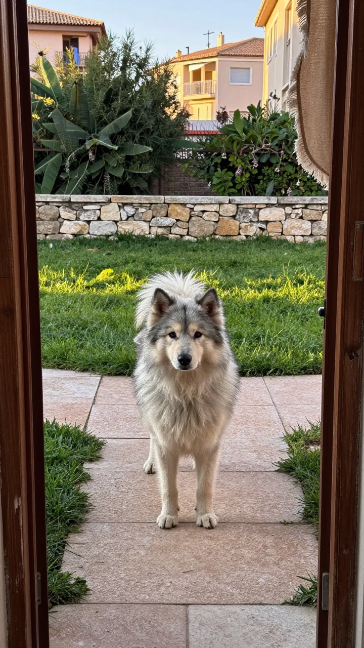 Lapponian Herder on Marseille Path in in a small yard with clipped grass, calm light, and the animal centered in frame near Marseille