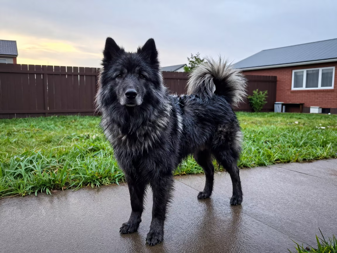 Lapponian Herder on Phoenix Path at Dawn in in a small yard with clipped grass, calm light, and the animal centered in frame in Phoenix