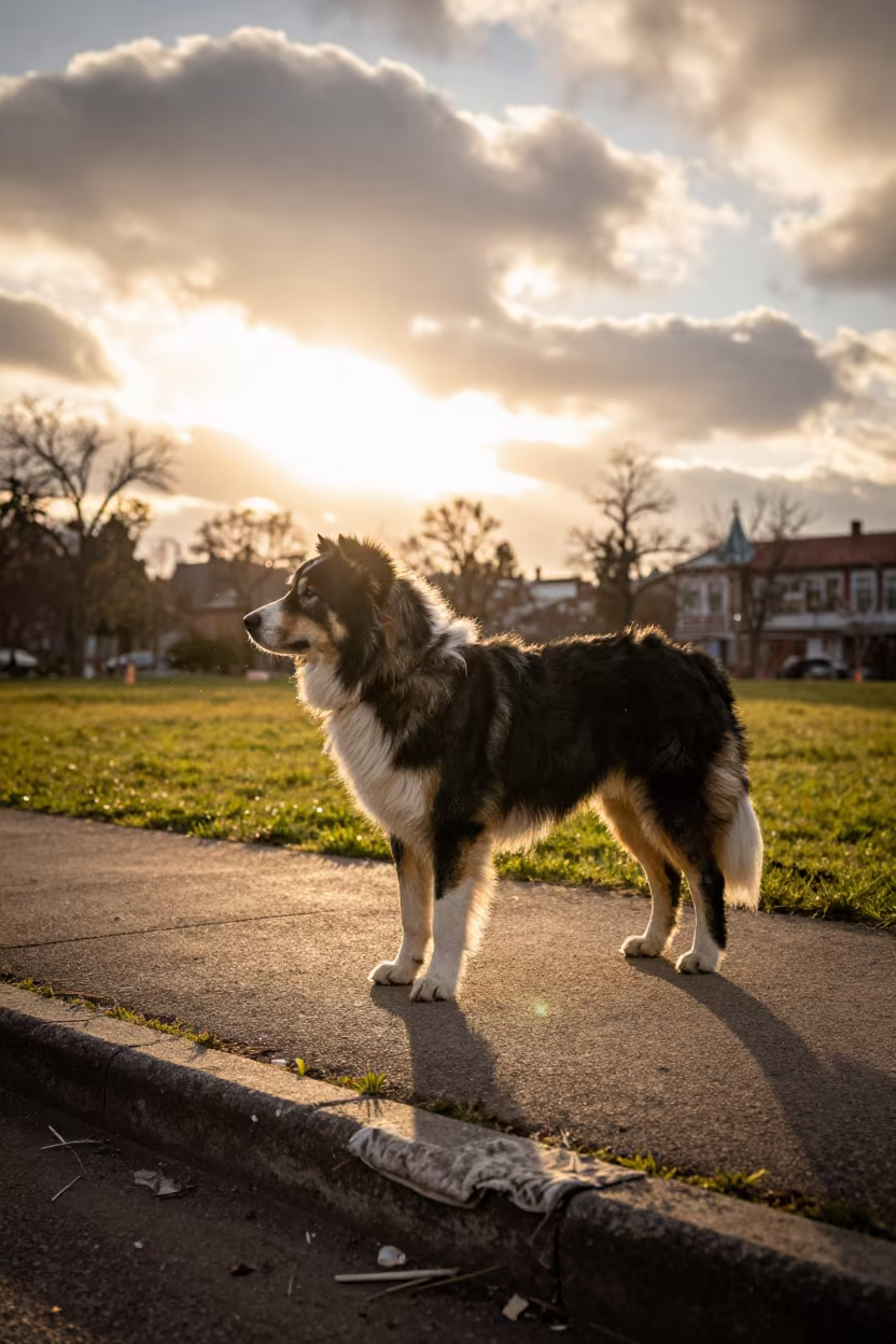 Lapponian Herder on Quiet Park Path at Golden Hour in in a small yard with clipped grass, calm light, and the animal centered in frame in Toluca de Lerdo
