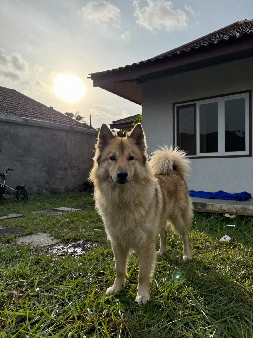 Lapponian Herder on Quiet Yogyakarta Park Path in in a small yard with clipped grass, calm light, and the animal centered in frame in Yogyakarta