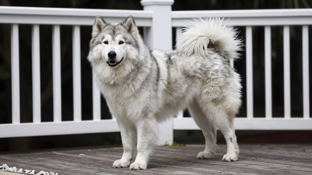 Lapponian Herder on Shaded Singapore Porch in on a shaded front porch with boards, railings, and eye-level framing in Singapore