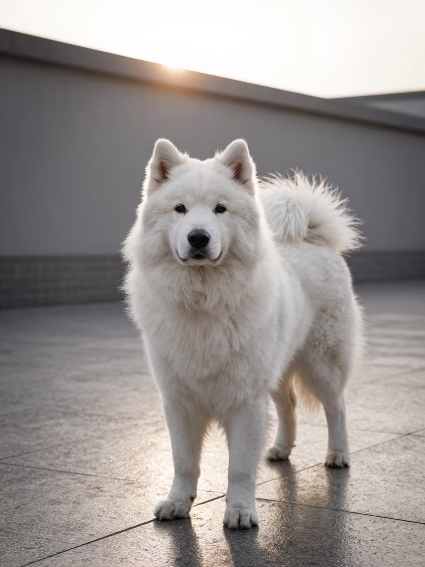 Lapponian Herder on Winter Path in Lanzhou in beside a plain courtyard wall in clear daylight with the animal at eye level in Lanzhou