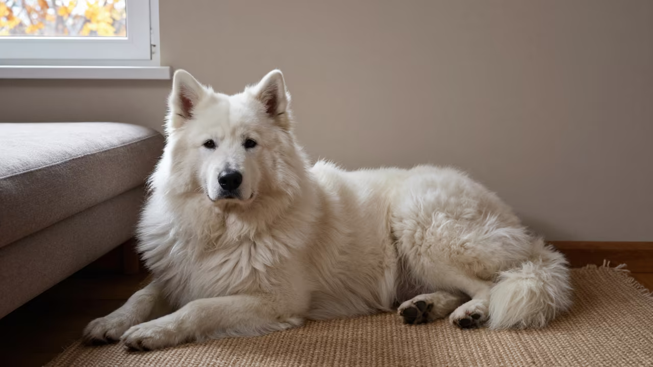 Lapponian Herder on Woven Rug Near Ankara in on a woven rug beside a low couch and an uncluttered wall near Ankara