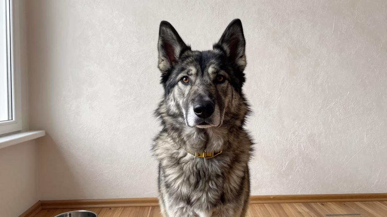 Lapponian Herder Portrait in Montero Room in beside a plain plaster wall in soft indoor light with the animal centered in frame in Montero